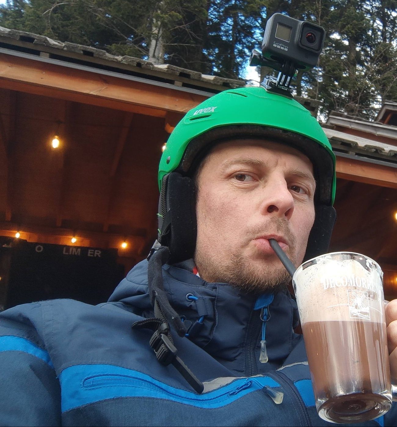 Szczepan skiing, with a GoPro on the helmet